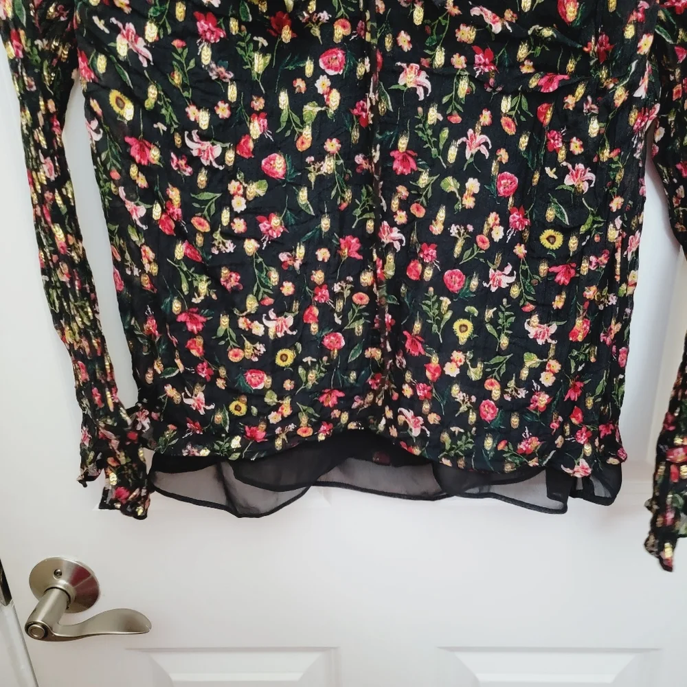 J CREW Ruffleneck top in midnight vintage floral Blouse Gold Metallic